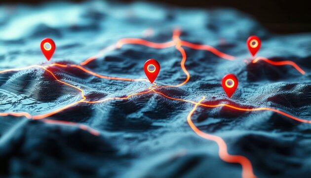 3D Topographic Map with Red Location Pins and Vibrant Network Lines for GIS Mapping and Spatial Analysis