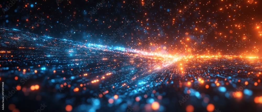 Leinwandbilder futuristic technology pipeline with glowing blue binary code in a dramatic cyberpunk digital landsca
