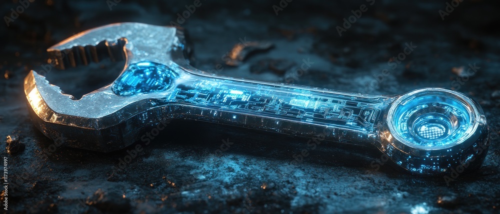 Poster futuristic blue digital wrench spanner with glowing circuitry and binary code for smart maintenance management AI in predictive diagnostics and remote repair assistance
