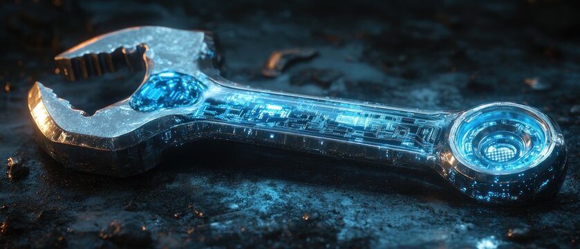 futuristic blue digital wrench spanner with glowing circuitry and binary code for smart maintenance management AI in predictive diagnostics and remote repair assistance