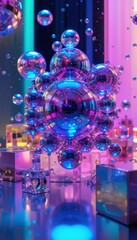 Fototapeta premium Colorful orbs and reflective spheres dance in radiant light, creating a mesmerizing visual display in a vibrant space of artistic wonder and fantasy