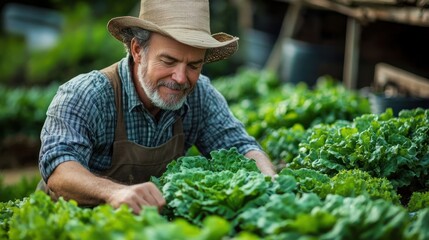Elderly Gardener Nurturing Lush Green Lettuce in Sunrise Garden