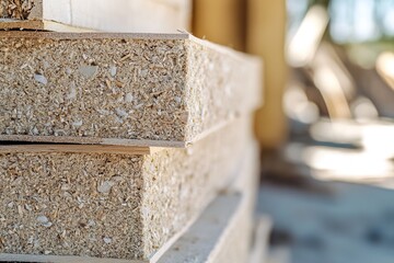 Close-up of stacked particle boards showcasing texture and grain