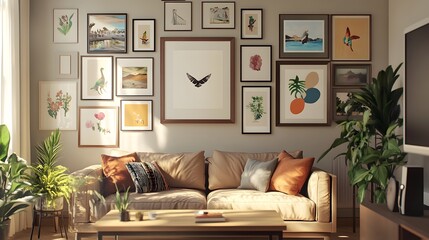 A large vertical poster frame and a gallery wall mock-up are displayed in a cozy living room interior, creating a warm and inviting atmosphere in this 3D rendered HD and realistic image