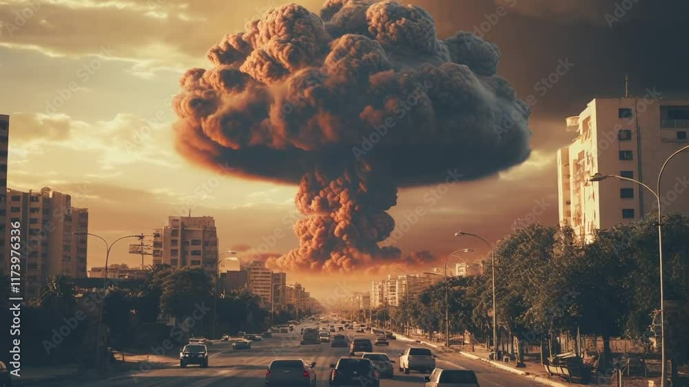 Leinwandbilder mushroom cloud rising from a nuclear bomb exploding over a city, with cars fleeing on the highway du