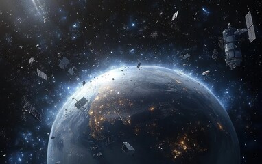 Obraz premium Futuristic Earth Surrounded by Satellite Debris and Space Junk in Serene Digital Art