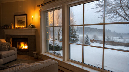 Cozy winter view from living room with large windows overlooking snow-covered landscape