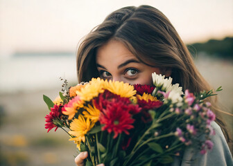 Naklejka premium A young woman hides her head behind a bouquet of flowers