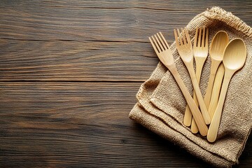 Natural wooden utensils arranged on cloth, enhancing rustic kitc