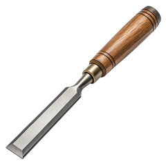 Woodworking chisel with a wooden handle, isolated on a white or transparent background.