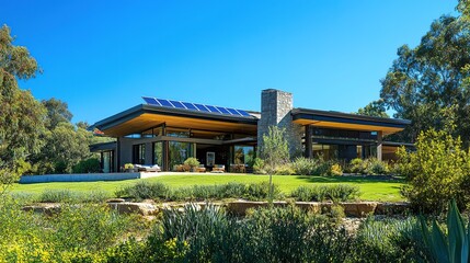 Obraz premium Modern home featuring expansive windows, lush landscaping, and s