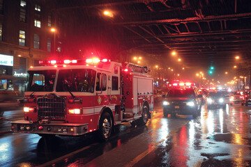 Fire truck speeding through urban intersection in emergency response