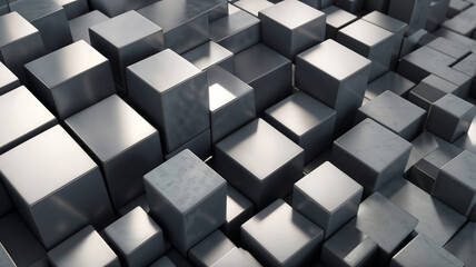 Abstract Metallic Cubes Background - 3D Rendered Geometric Pattern of Shiny Metal Blocks in Various Sizes