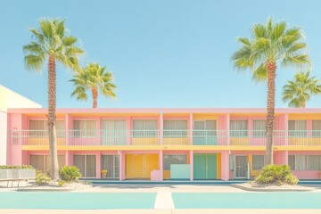 Fototapeta premium Charming retro motel features pastel colors, palm trees, and ser