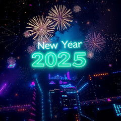 Vibrant Cityscape at Night with Neon Lights and Fireworks for New Year 2025