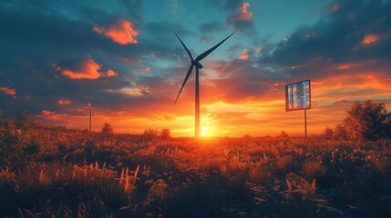 Futuristic Wind Turbine with Energy Data Analytics Dashboard at Sunset