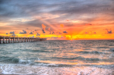 Juno Beach Pier Florida Sunrise, Choppy Waves.