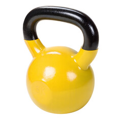 Bright yellow kettlebell on white or transparent isolated background.
