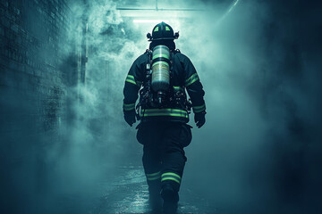 Naklejka premium Firefighter walking through smoky hallway in protective gear