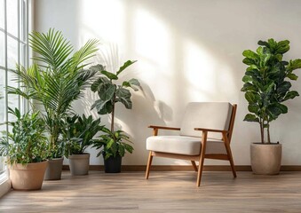 Sunlit room with armchair and potted plants. (1)