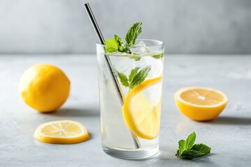 Fototapeta premium Refreshing beverage with lemon slices and mint leaves, perfect f