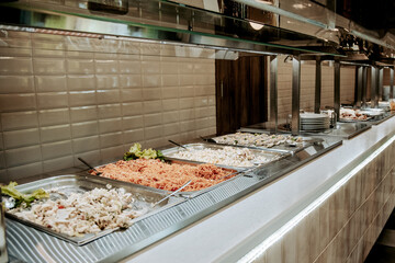 Buffet in hotel restaurant, various food dishes on tray, dinner in dining room