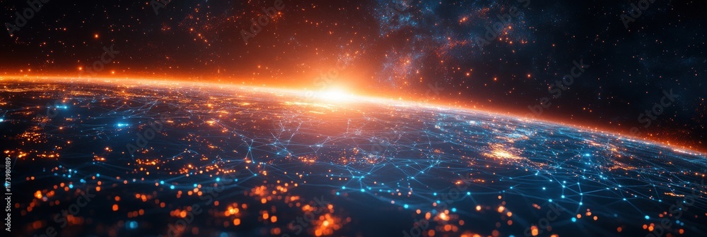 Poster Glowing Earth Hologram Data Visualization with AI Communication Networks and Interactive Educational Experience