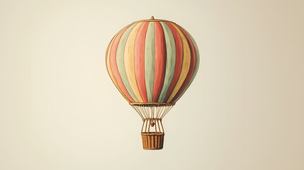 Fototapeta premium A vintage hot air balloon with a wicker basket, isolated against a pale background. Skybound. Illustration