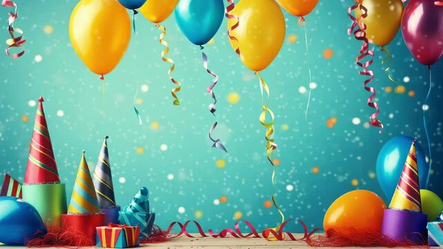 Colorful balloons float above a wooden table decorated with party hats, wrapped gifts, and confetti, creating a festive atmosphere for a birthday celebration