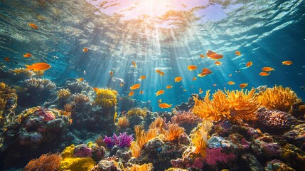 Obraz premium Vibrant underwater scene showcasing colorful corals and swimming