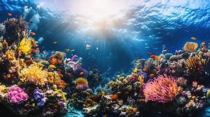 Vibrant underwater scene showcasing diverse coral reefs and colo