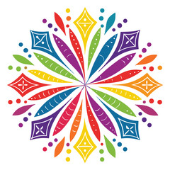 Radial burst of geometric shapes in rainbow hues