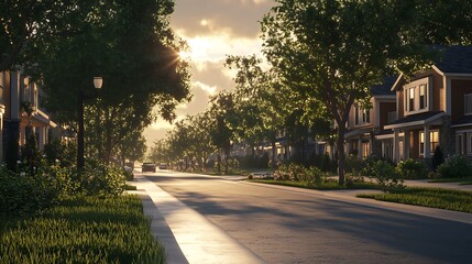 Obraz premium A serene suburban street bathed in golden sunlight, showcasing houses and lush greenery.