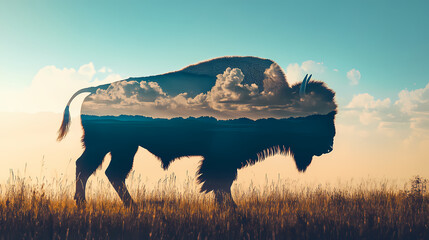Bison silhouette, grassy plains under blue sky, double exposure, wide open spaces, freedom. Skybound. Illustration