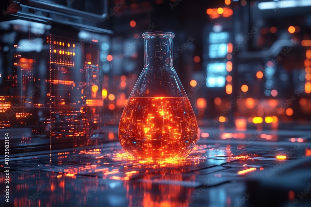 Poster Glowing Digital Laboratory Flask Icon Represents AI Integration in Scientific Experimentation and Data Analysis for Accelerated Research and Discovery