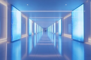 Illuminated corridor features glowing blue panels reflecting on