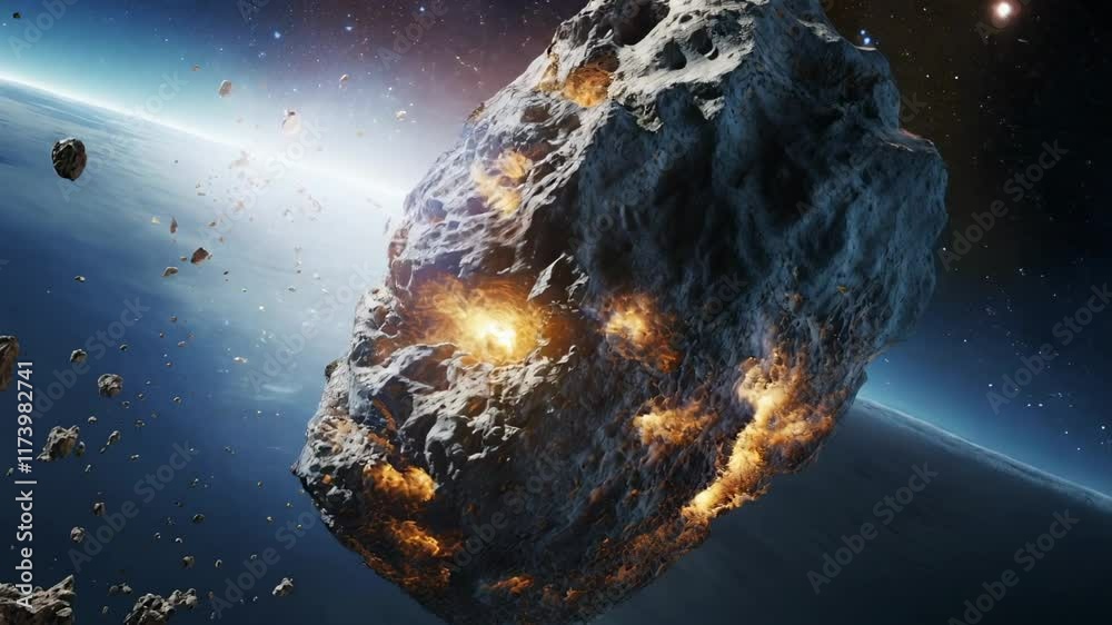 Poster Massive asteroid is entering the earth's atmosphere, causing smaller debris to scatter around it, creating a dramatic and potentially catastrophic scene of cosmic proportions
