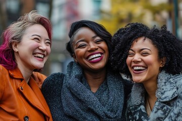 Joyful friends share laughter outdoors, showcasing vibrant perso