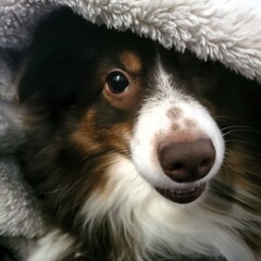 close up of a Australian Sheppard dog under blanket