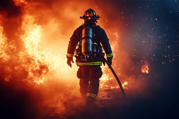 Firefighter Approaching Raging Flames with Hose Amidst Smoke