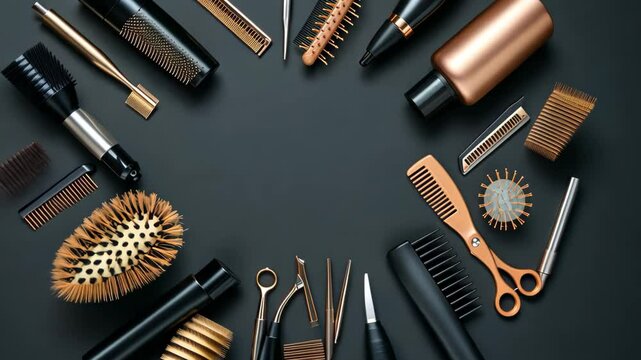 Hairdresser tools and accessories arranged on a black surface, showcasing a variety of combs, brushes, scissors, and styling products used by professionals in salons