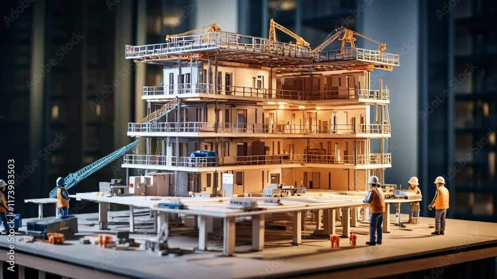 Poster miniature engineers working on an architectural scale model of a modern, energy efficient, sustainab