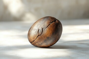 A cracked, dark brown, egg-shaped ceramic object rests on a light surface.