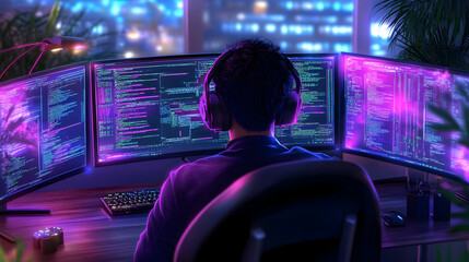 Engaged programmer surrounded by glowing screens, coding under ambient neon lights at night
