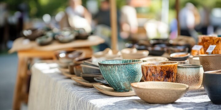 Explore a colorful artisan pottery collection displayed at a vibrant outdoor market hub
