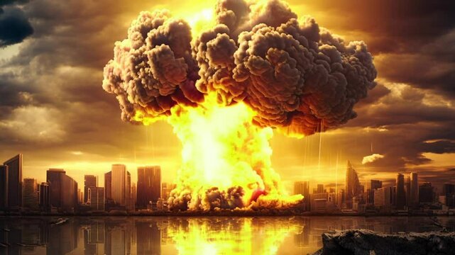 Mushroom cloud rising over burning city after nuclear explosion with dramatic sky and orange light reflecting on the water, concept of end of the world or nuclear war