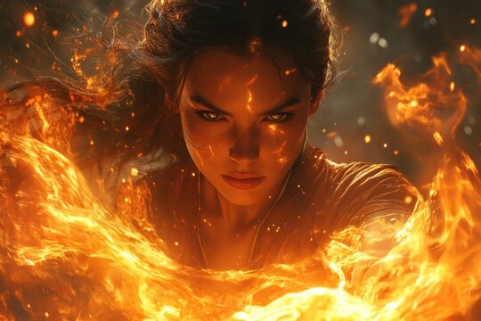 Dynamic Sorceress Casting Fire Spell in Anime Style with Fiery Energy and Fierce Expression