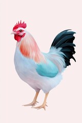 Fototapeta premium A white and blue chicken with a red comb stands on a white background. The chicken is the main focus of the image, and the colors of the chicken and the background create a sense of harmony