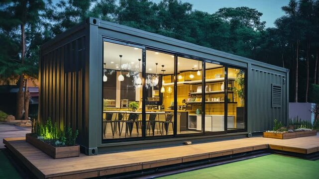 Contemporary modular home crafted from shipping containers, featuring large glass panels that showcase a stylish kitchen and dining area, illuminated at dusk amidst lush greenery and a wooden deck