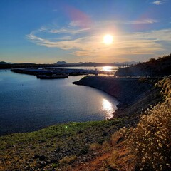 Desert sunset landscape at the lake